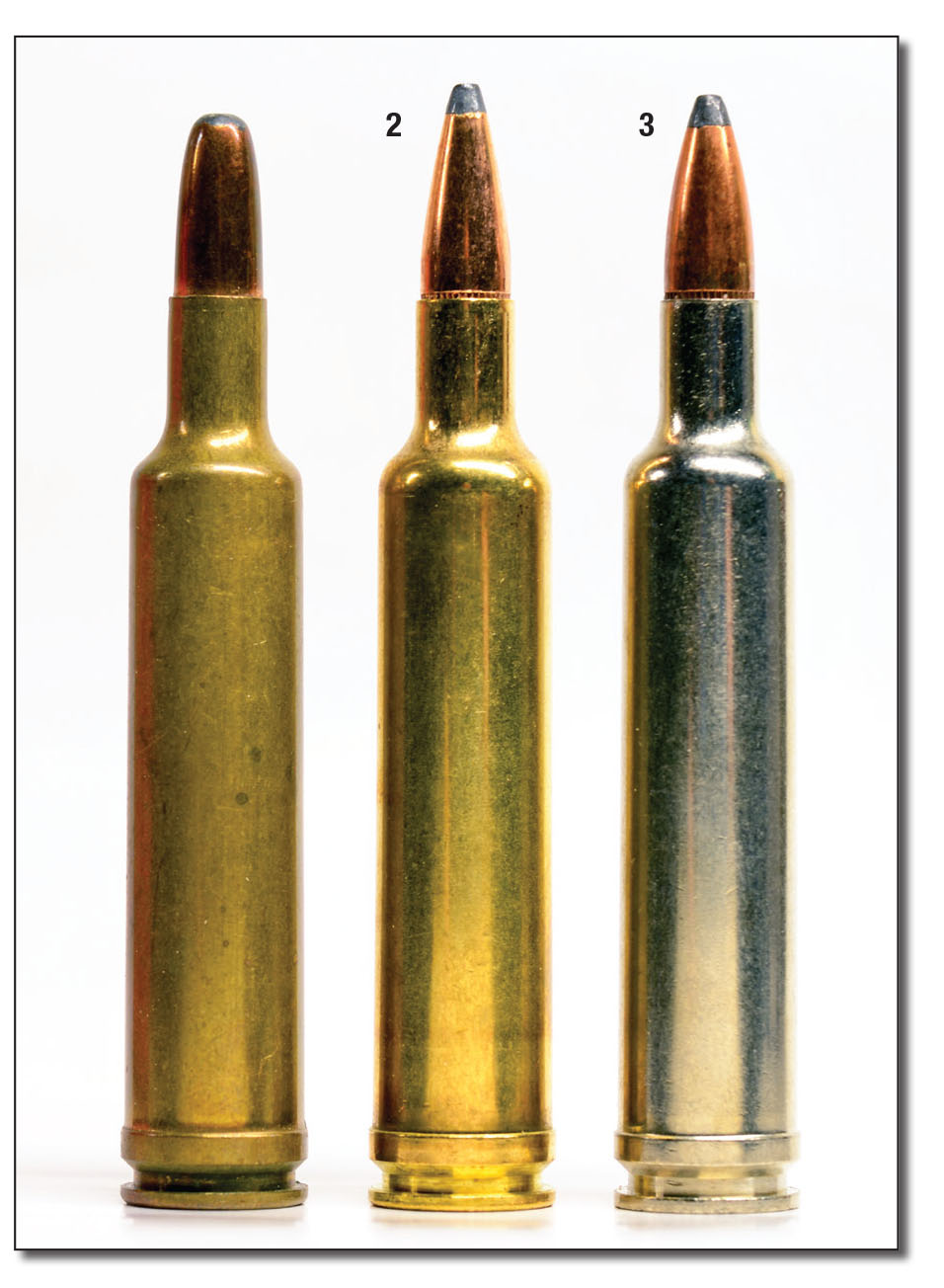 Three 257 Weatherby factory loads: From Weatherby, loaded with (1) 117-grain Hornady roundnose and (2) Hornady 100-grain Spitzer; and (3) Federal loaded with 115-grain Nosler Partition.